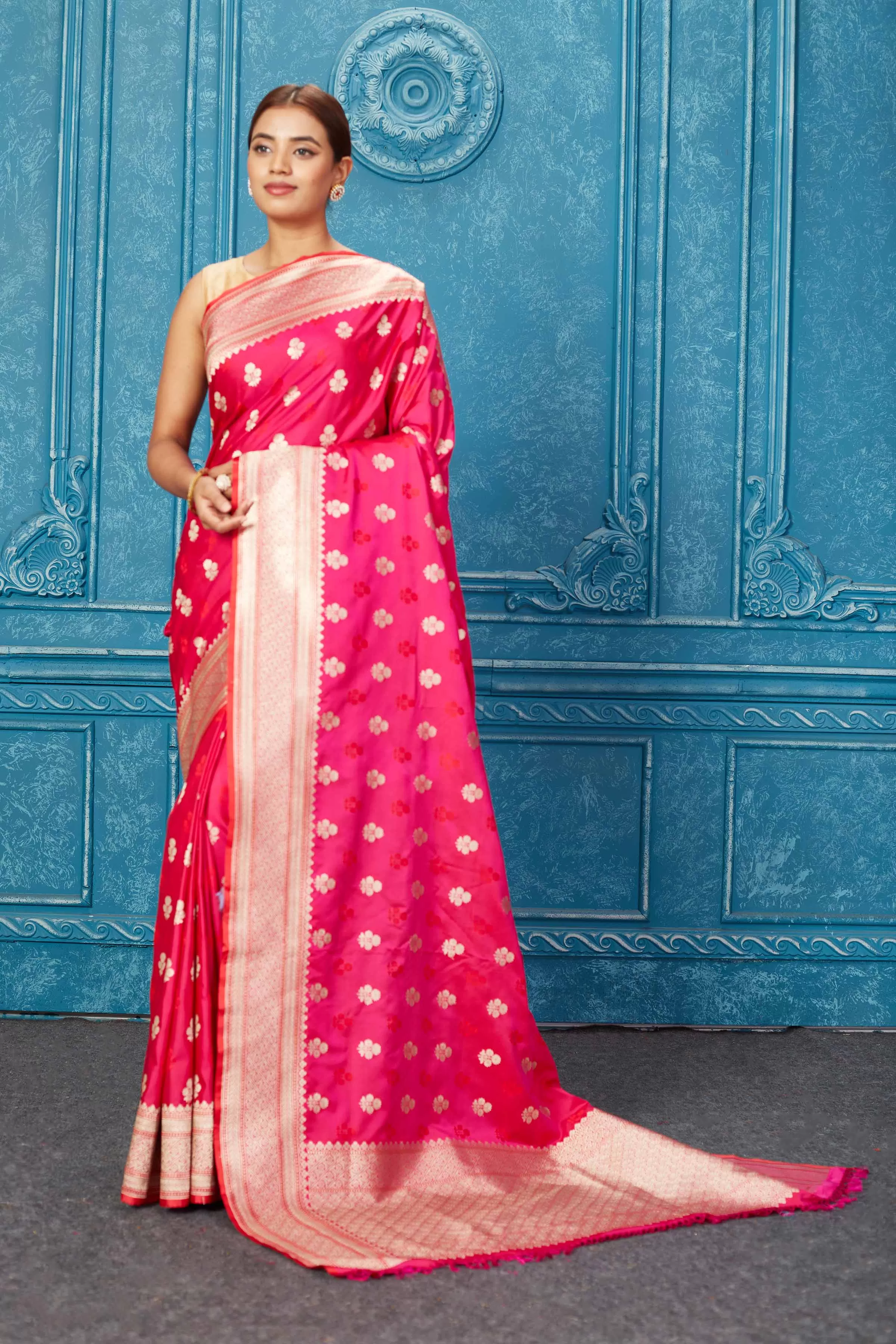 91A248 Dark Pink Mashru Banarasi Saree with Floral Zari Buta