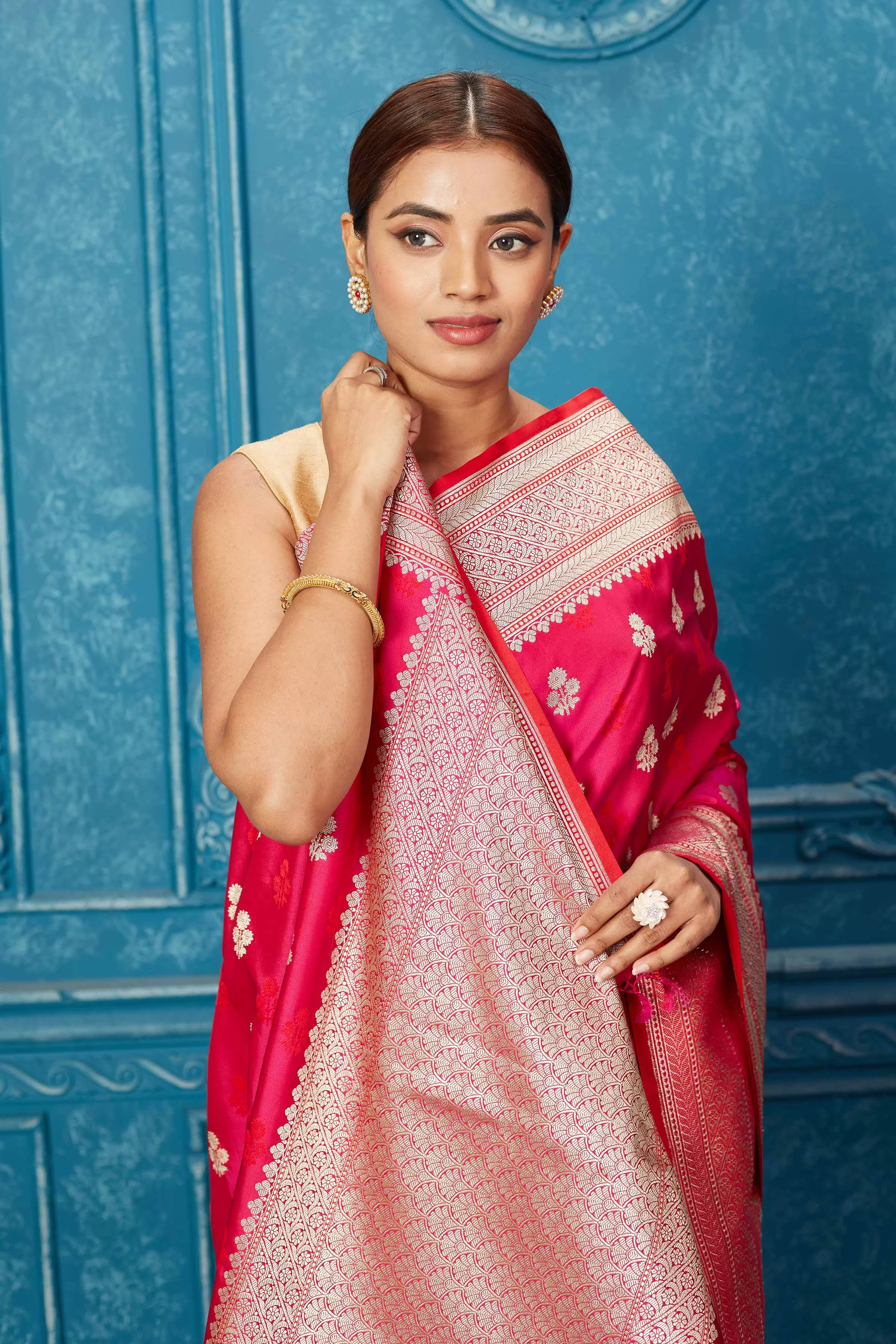 91A248 Dark Pink Mashru Banarasi Saree with Floral Zari Buta