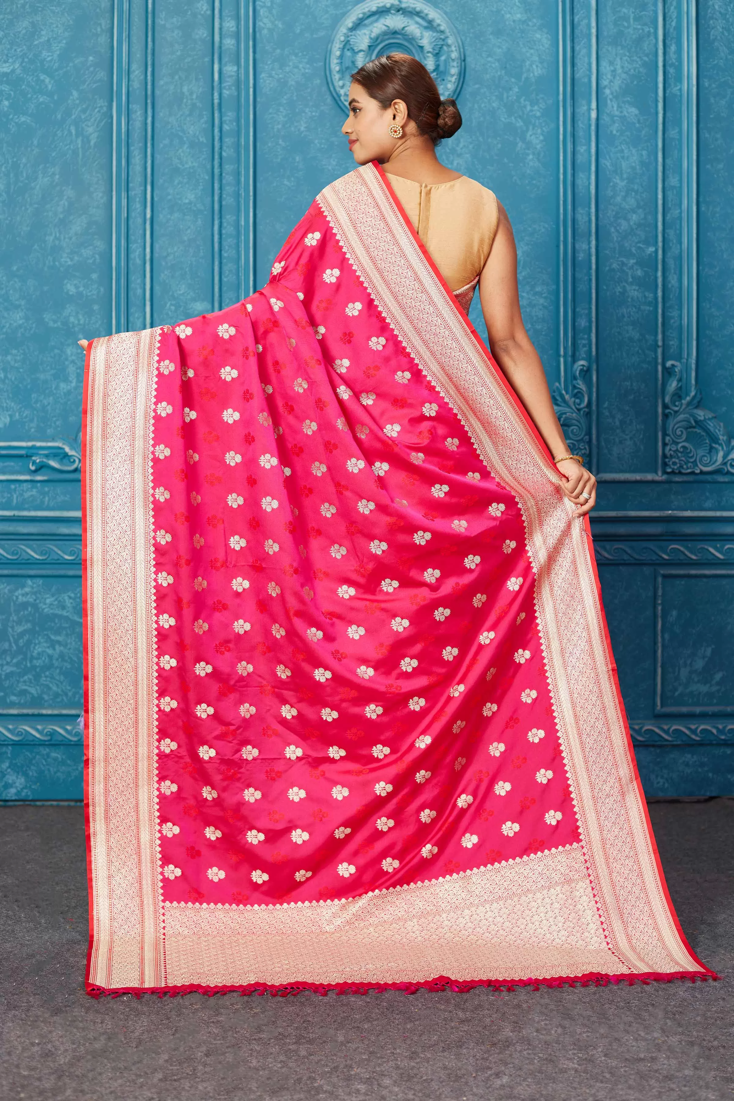 91A248 Dark Pink Mashru Banarasi Saree with Floral Zari Buta