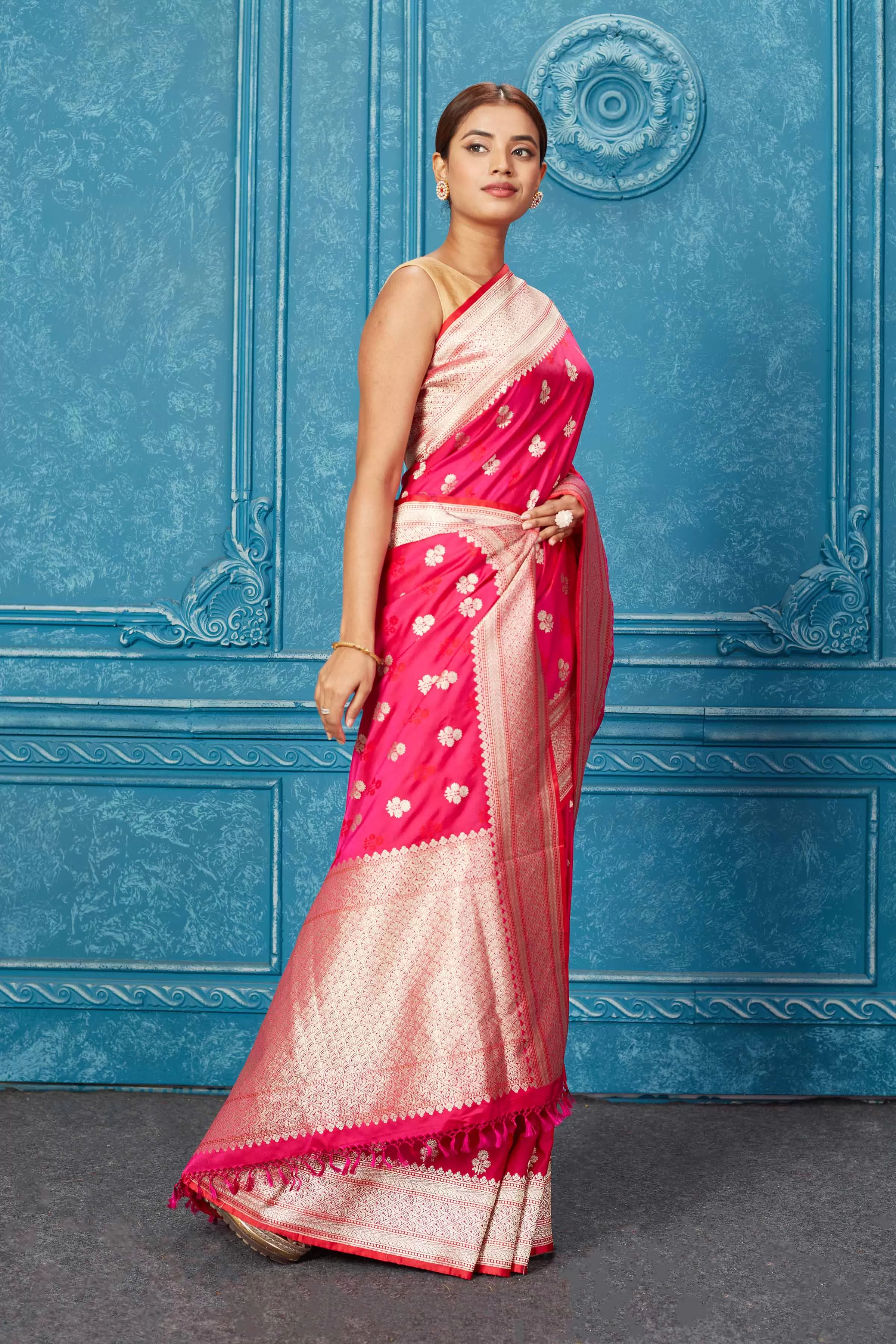 91A248 Dark Pink Mashru Banarasi Saree with Floral Zari Buta