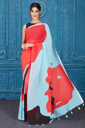 91A302 Red and Powder Blue Abstract Print Crushed Georgette Sari