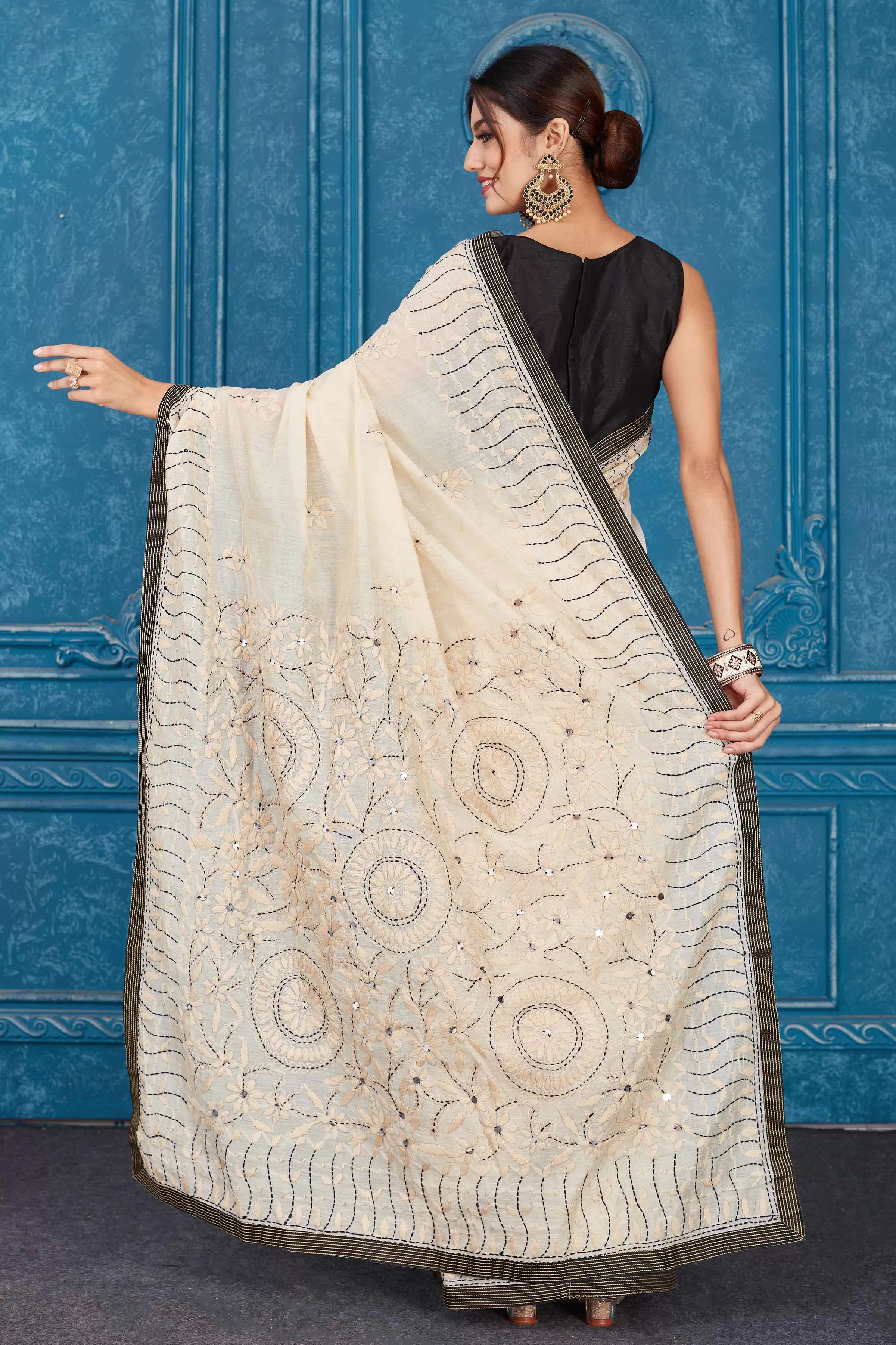 91A336 Cream Phulkari Embroidery Georgette Sari