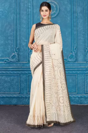 91A336 Cream Phulkari Embroidery Georgette Sari