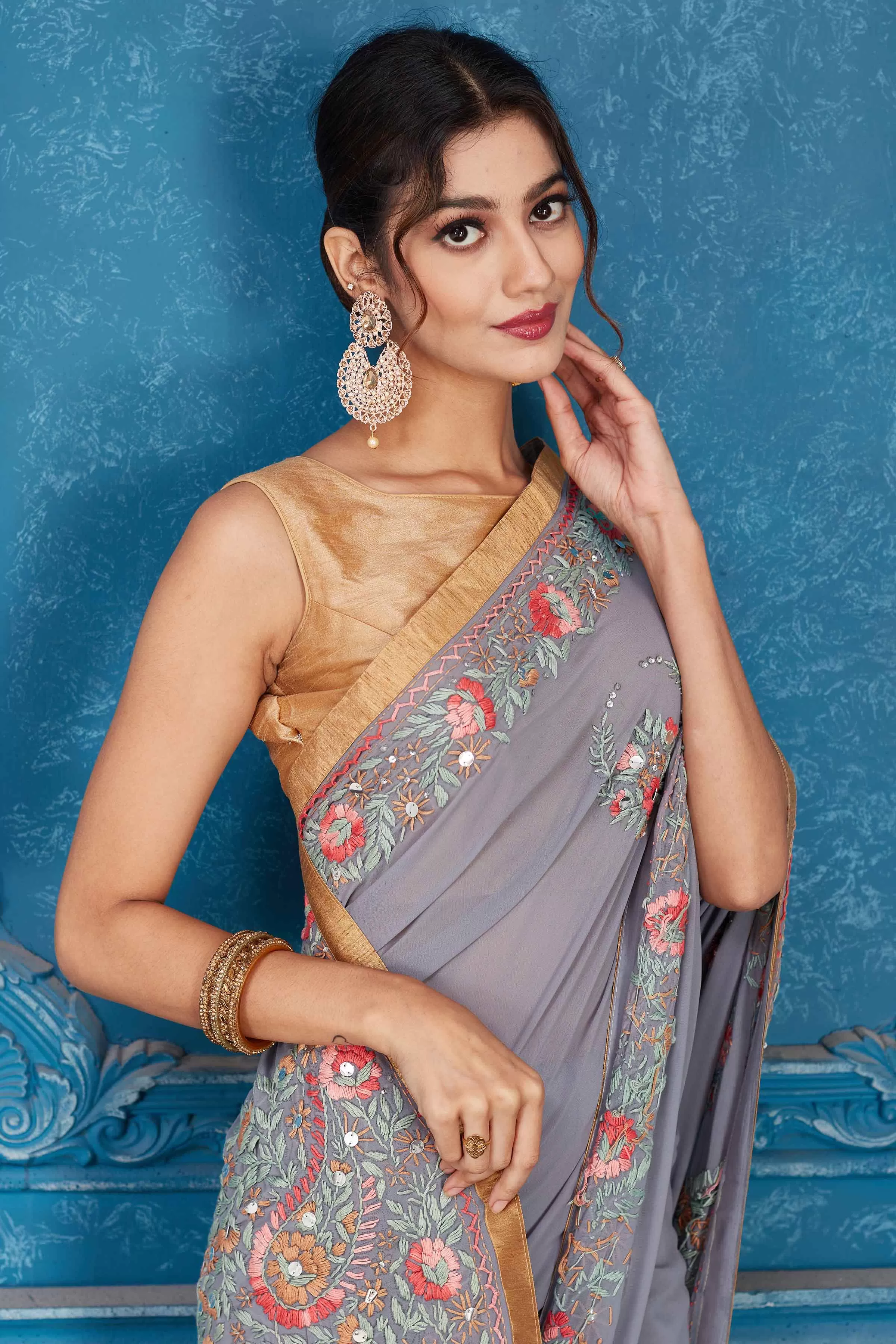 91A339 Grey Phulkari Embroidery Georgette Sari with Golden Border