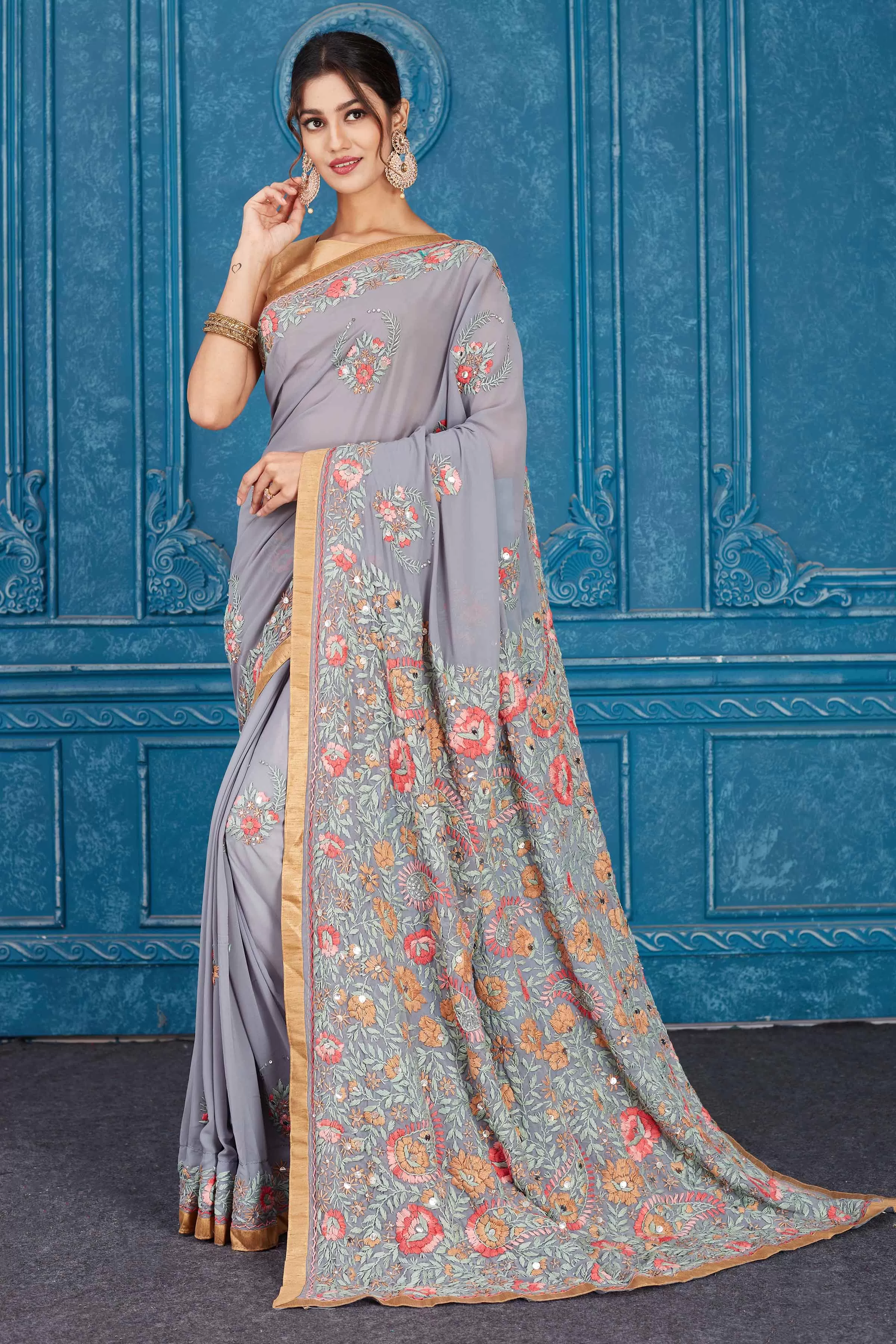 91A339 Grey Phulkari Embroidery Georgette Sari with Golden Border