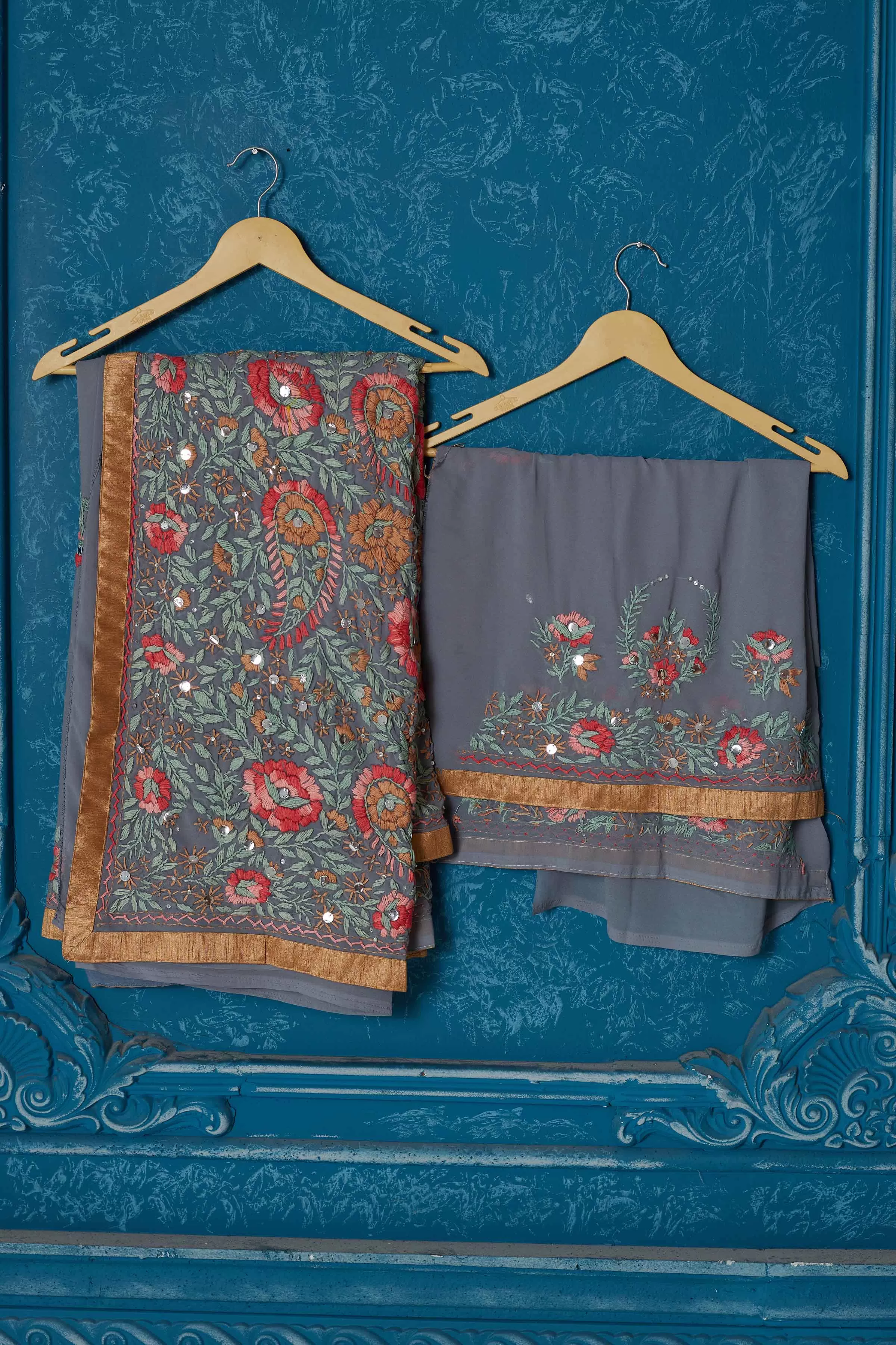 91A339 Grey Phulkari Embroidery Georgette Sari with Golden Border