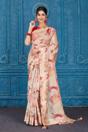 91A351 Cream and Red Floral Print Linen Saree