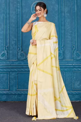 91A353 Yellow Abstract Print Mulberry Silk Saree