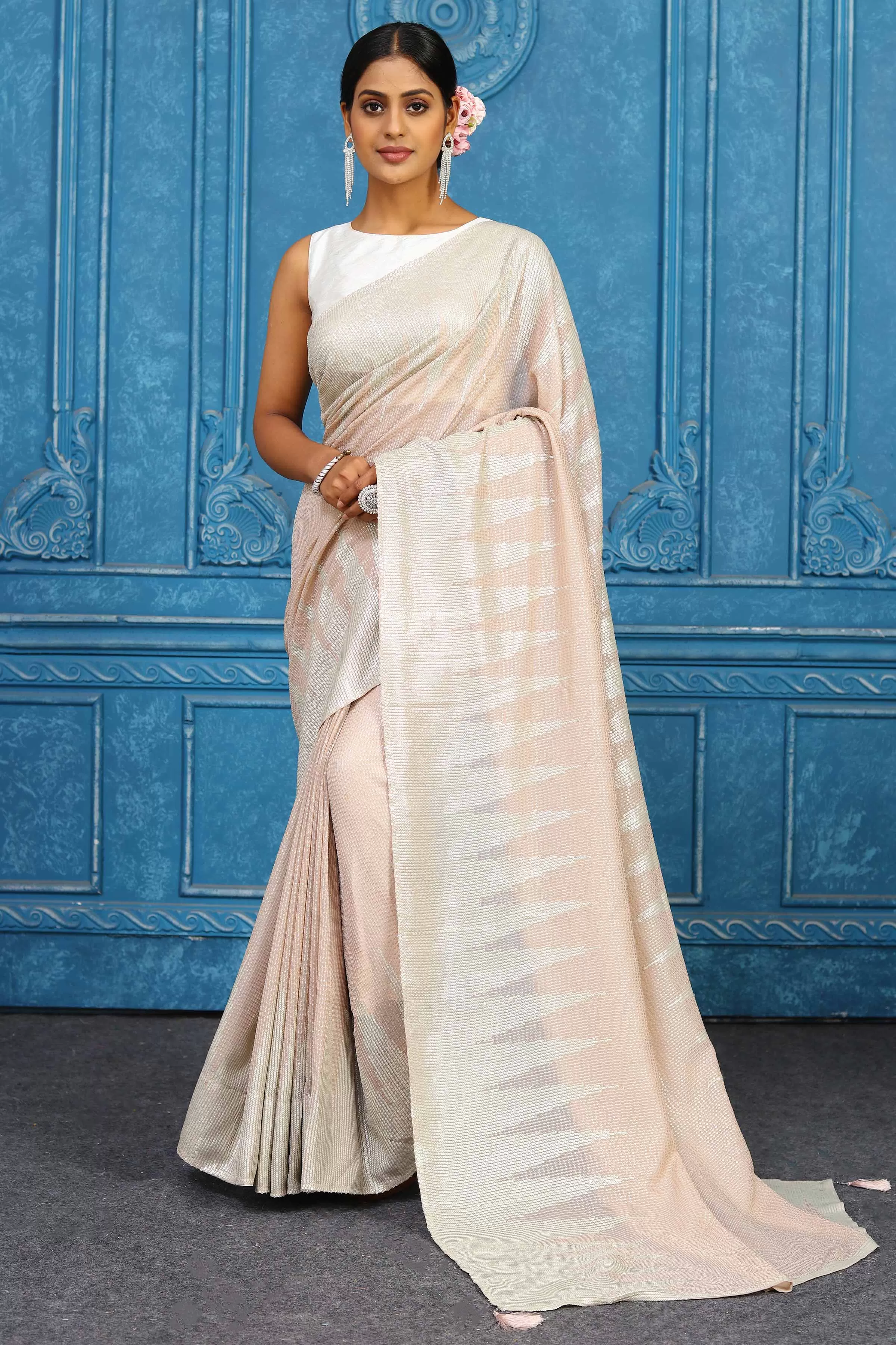 91A421 Powder Pink Georgette Sequin Saree with Temple Border