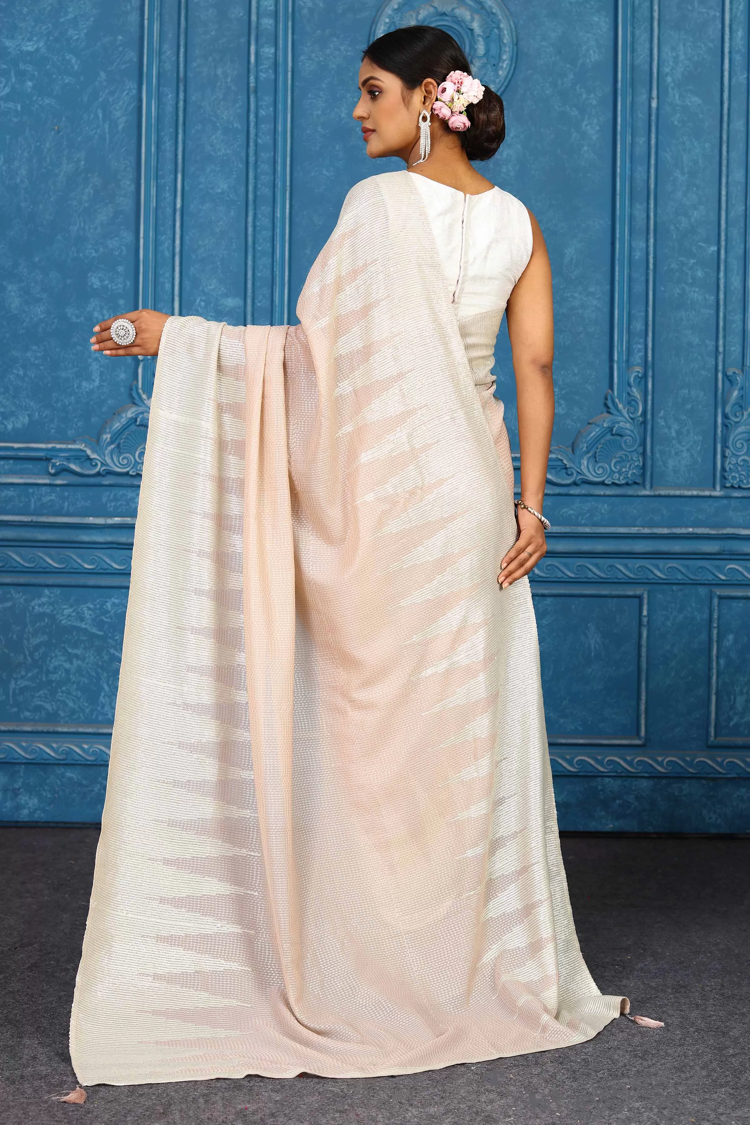 91A421 Powder Pink Georgette Sequin Saree with Temple Border