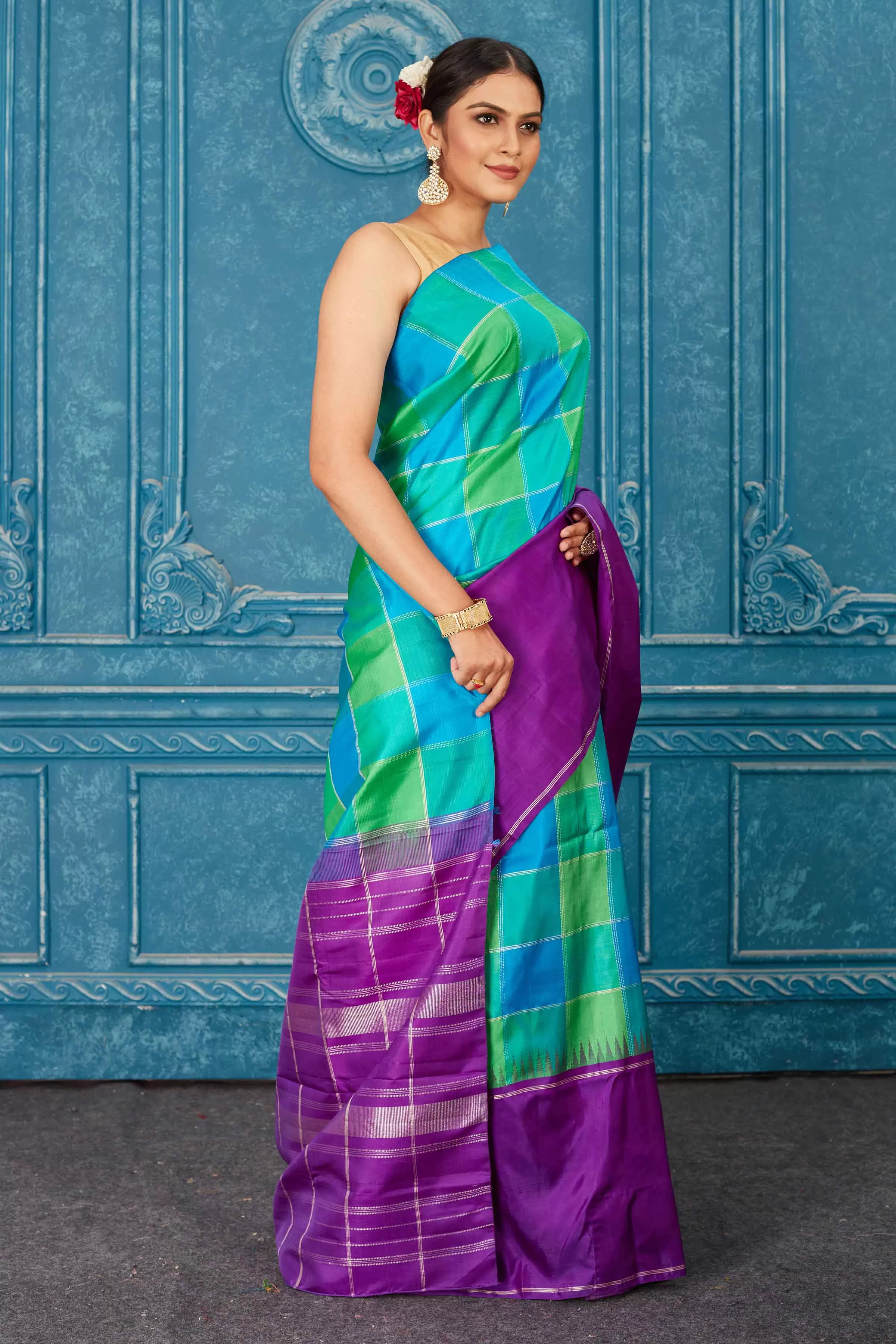 91A474 Green and Blue Check Kanjeevaram Sari with Purple Border