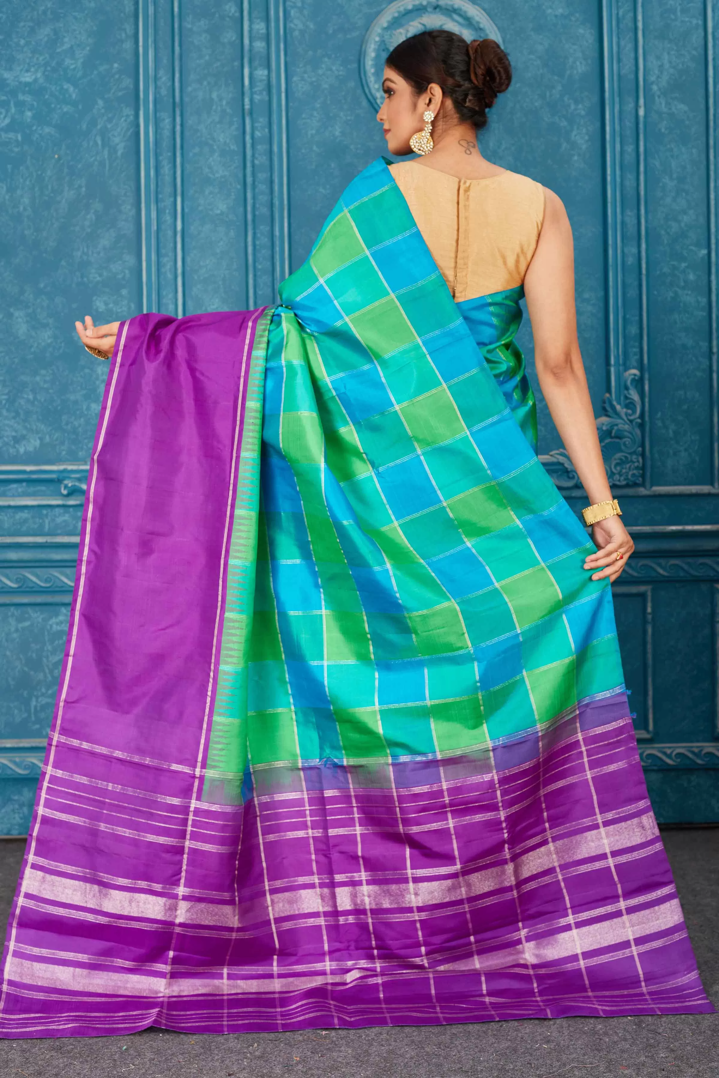 91A474 Green and Blue Check Kanjeevaram Sari with Purple Border