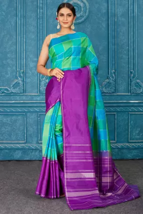 91A474 Green and Blue Check Kanjeevaram Sari with Purple Border