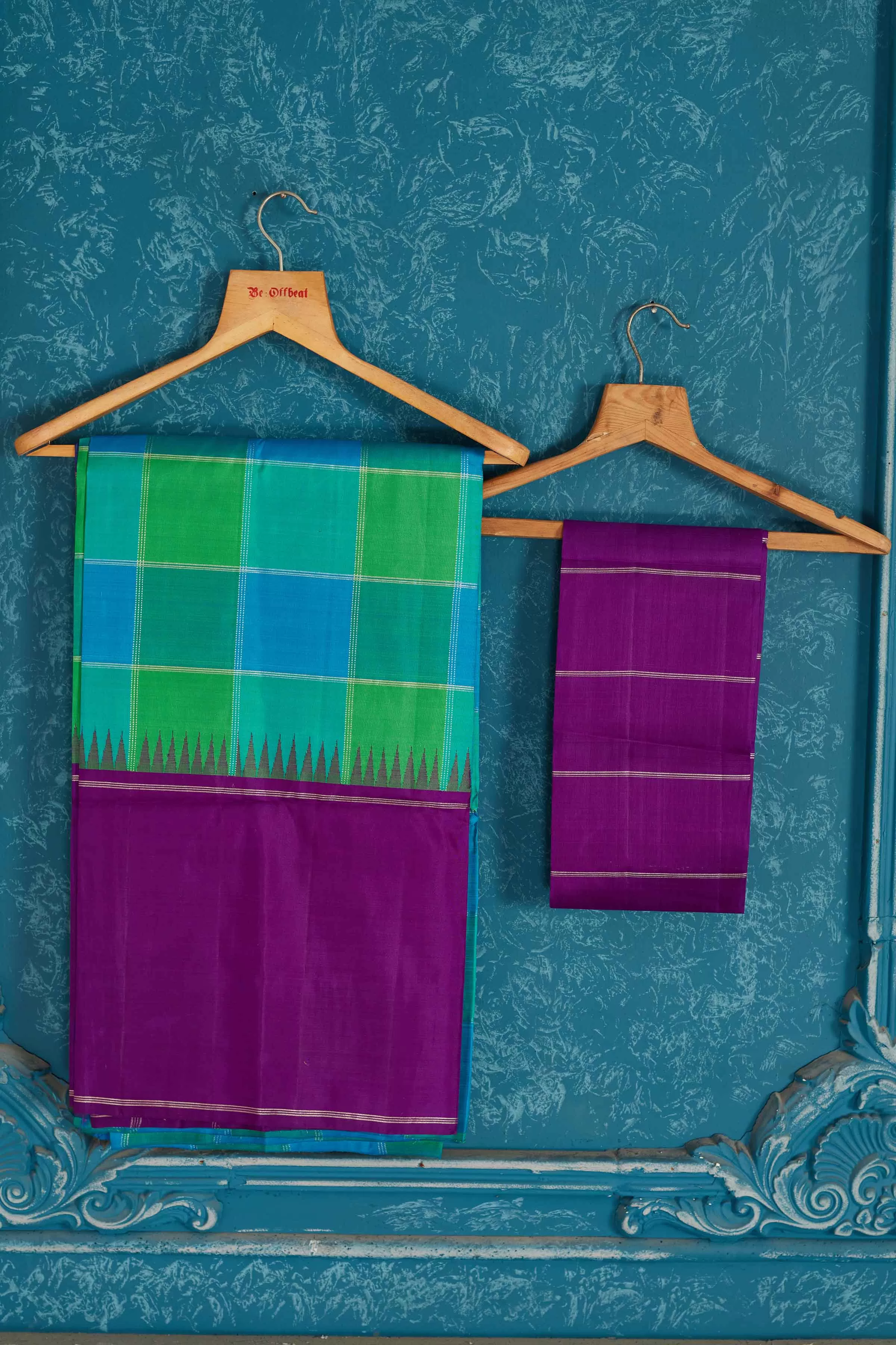 91A474 Green and Blue Check Kanjeevaram Sari with Purple Border