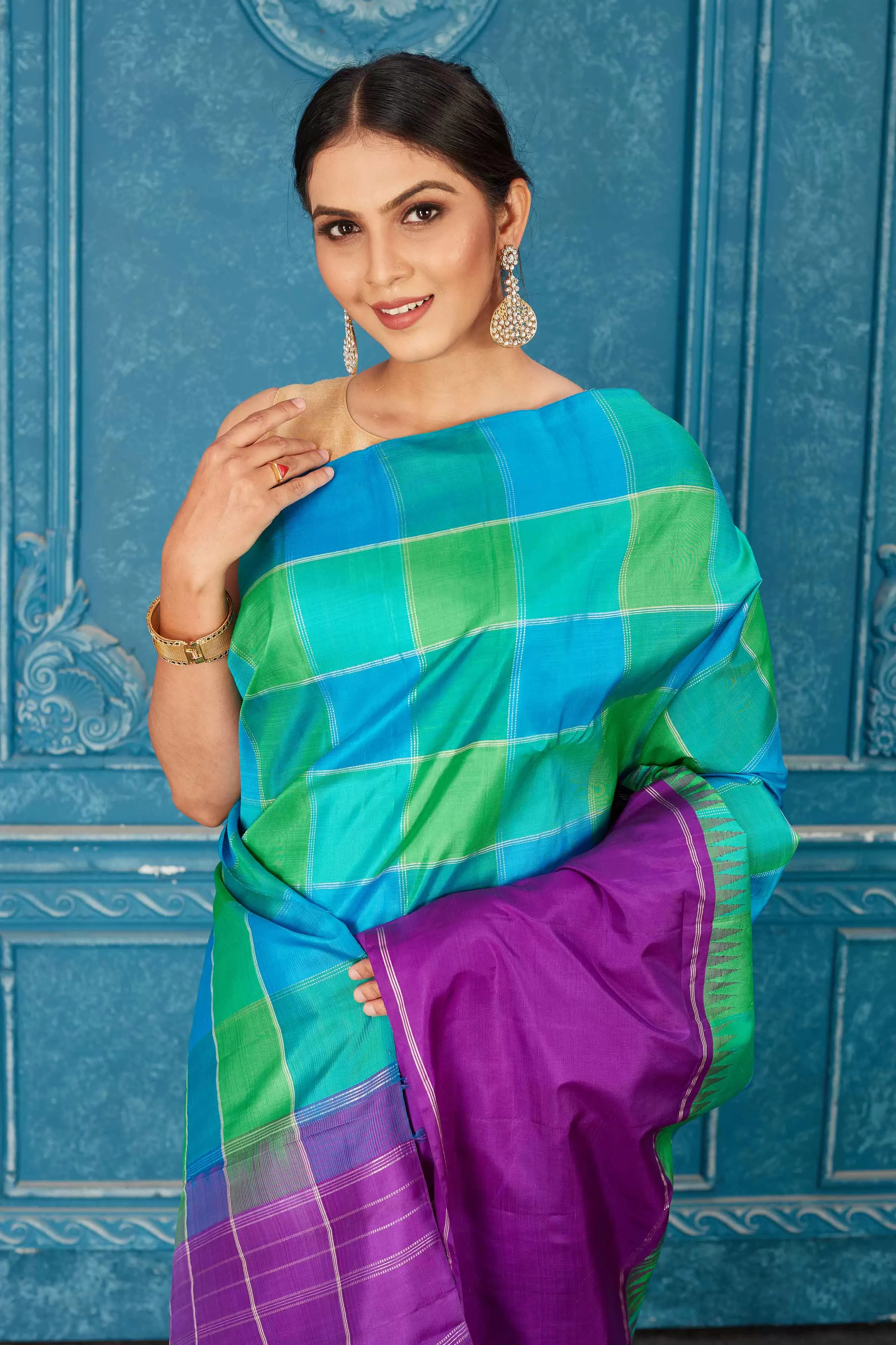 91A474 Green and Blue Check Kanjeevaram Sari with Purple Border