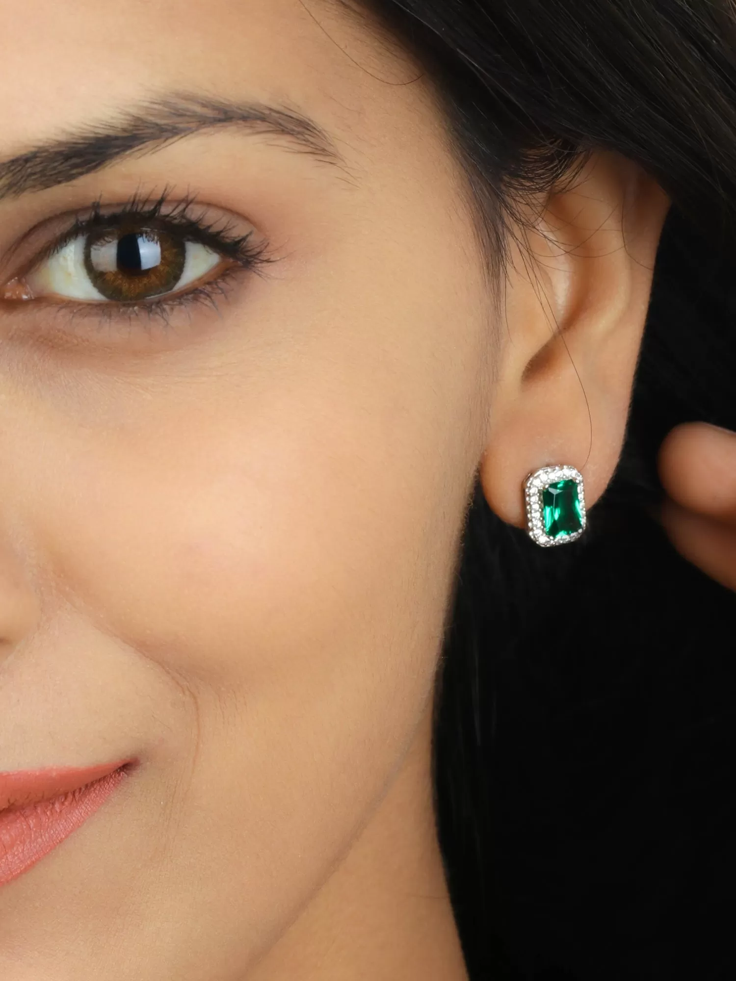 925 Silver Emerald Halo Stud Earrings For Her