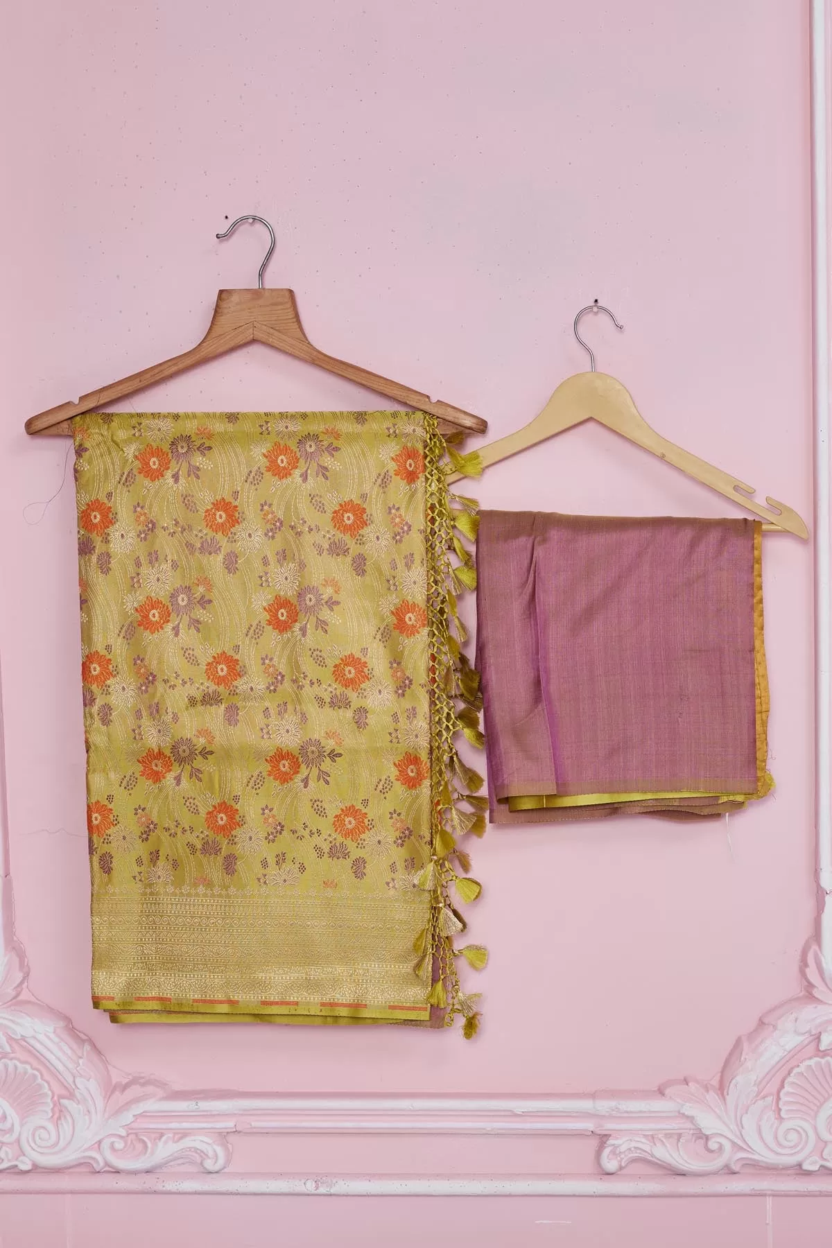 92A213 Mustard Floral Banarasi Saree with Zari Border