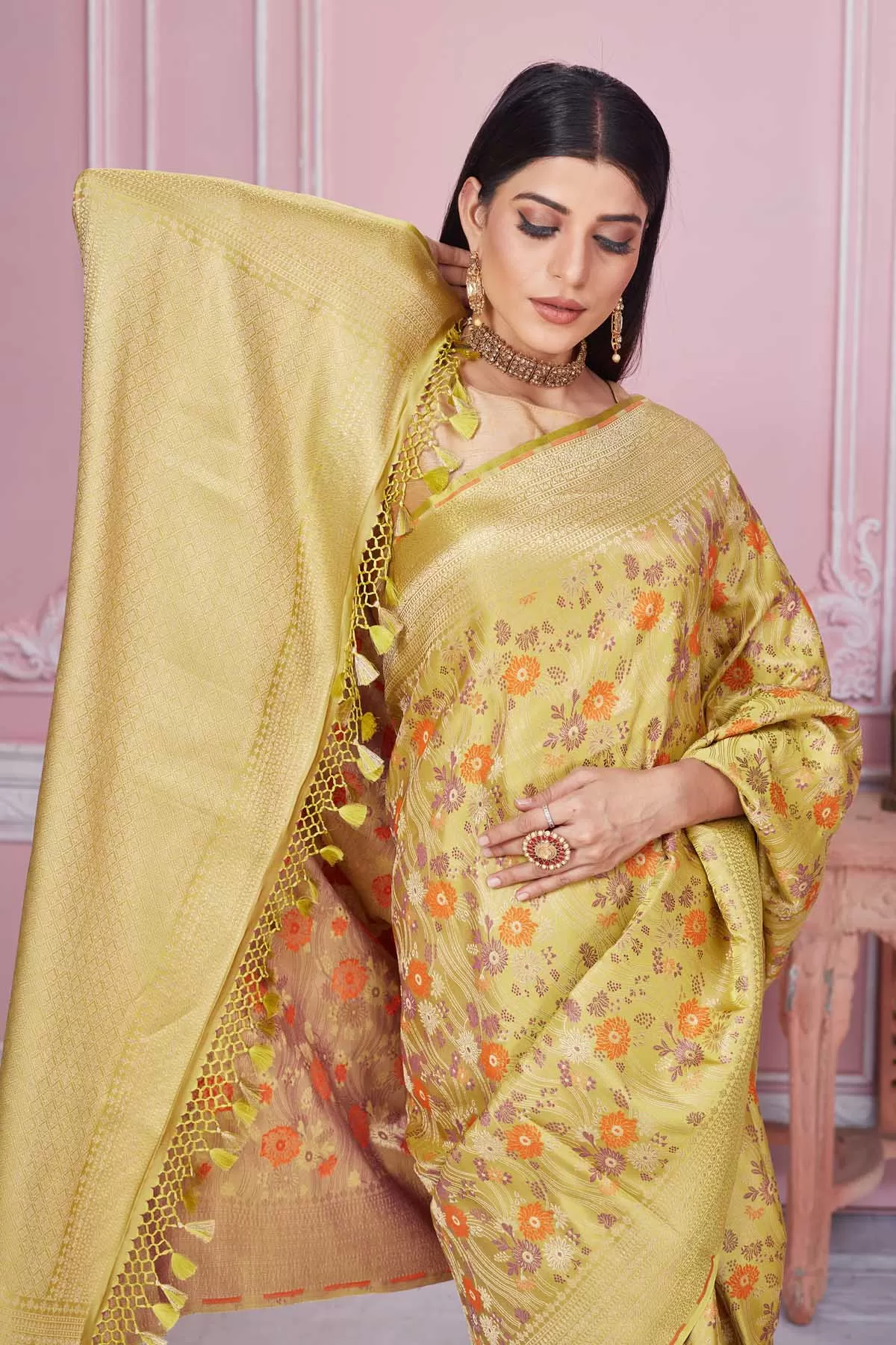 92A213 Mustard Floral Banarasi Saree with Zari Border