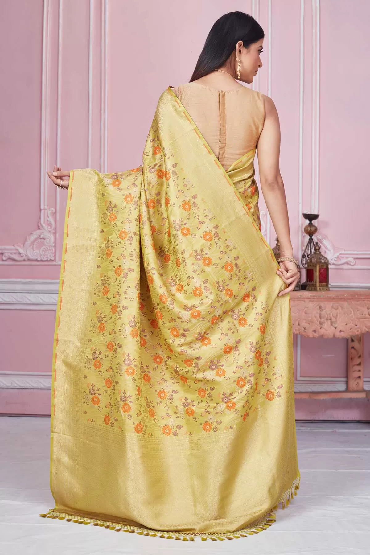 92A213 Mustard Floral Banarasi Saree with Zari Border