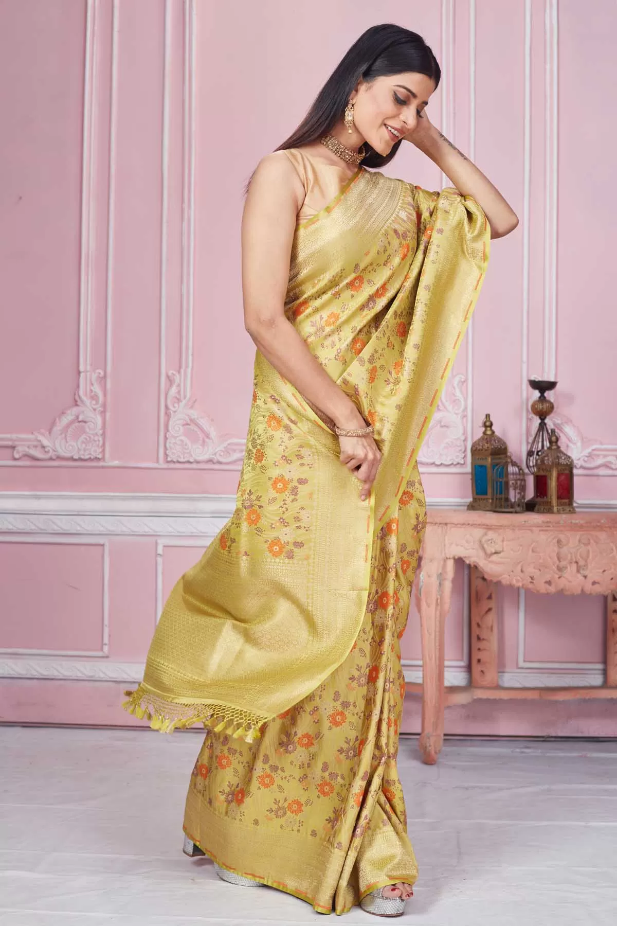 92A213 Mustard Floral Banarasi Saree with Zari Border