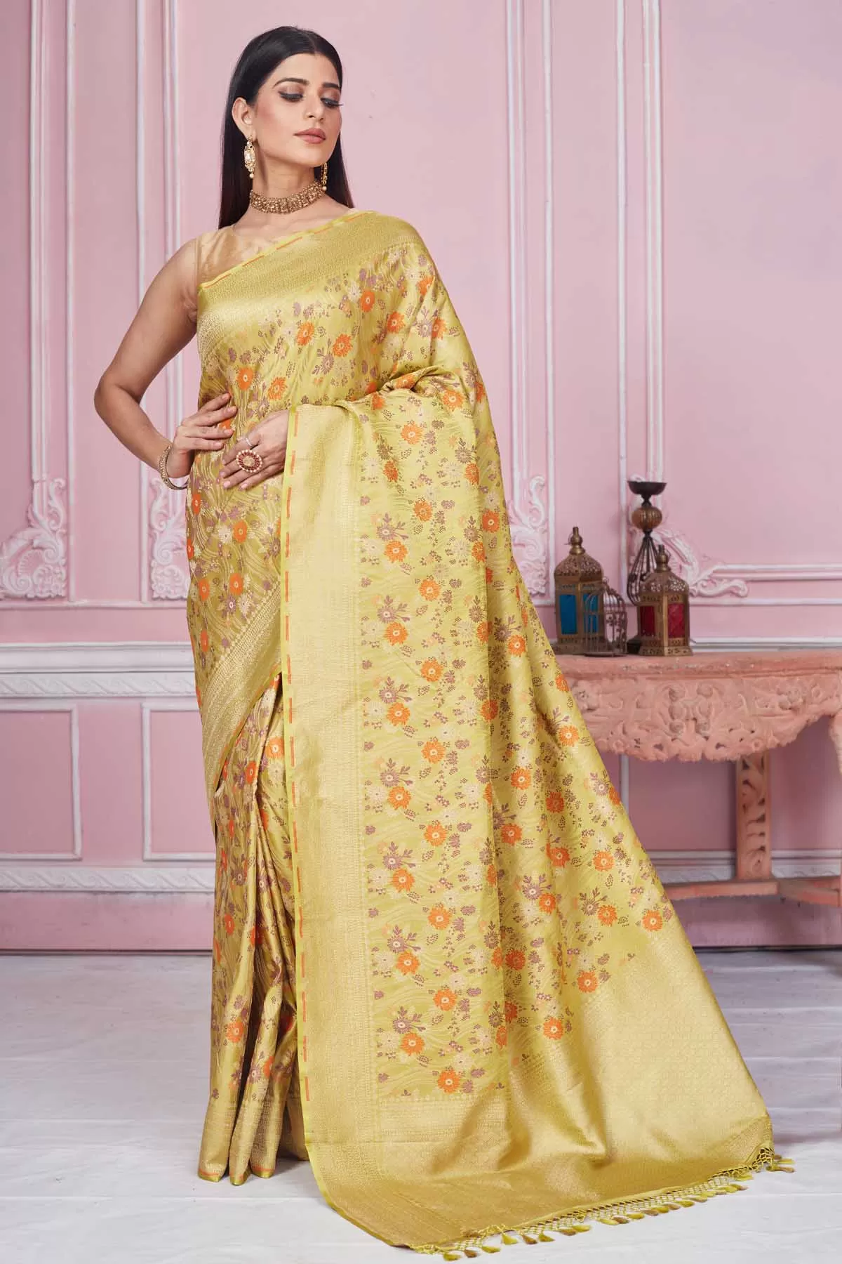 92A213 Mustard Floral Banarasi Saree with Zari Border