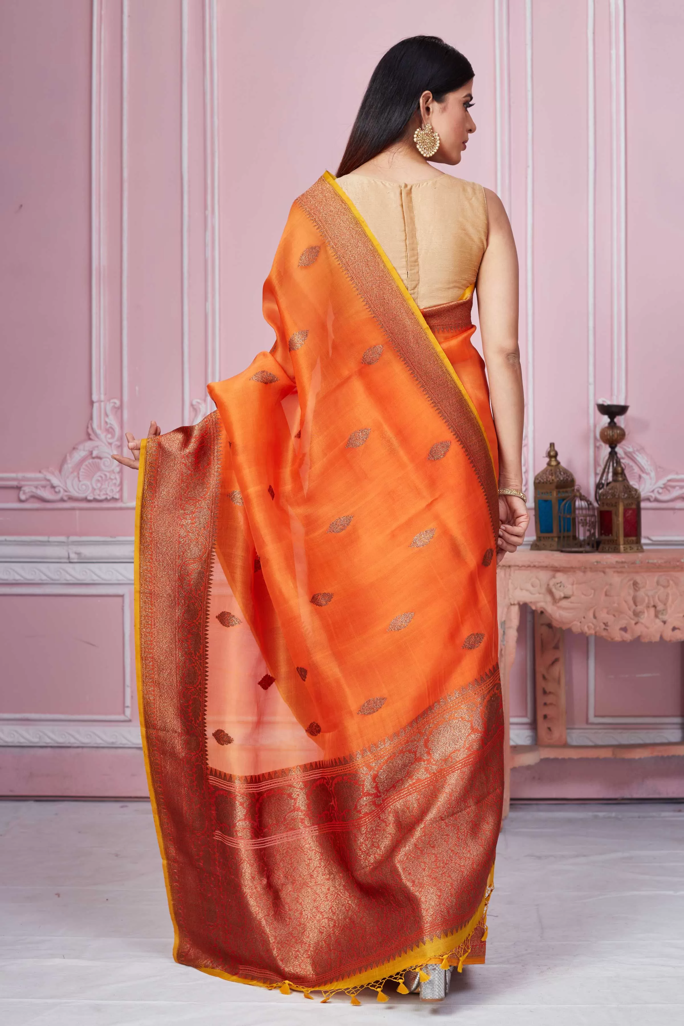 92A234 Orange Banarasi Saree With Red Zari Border