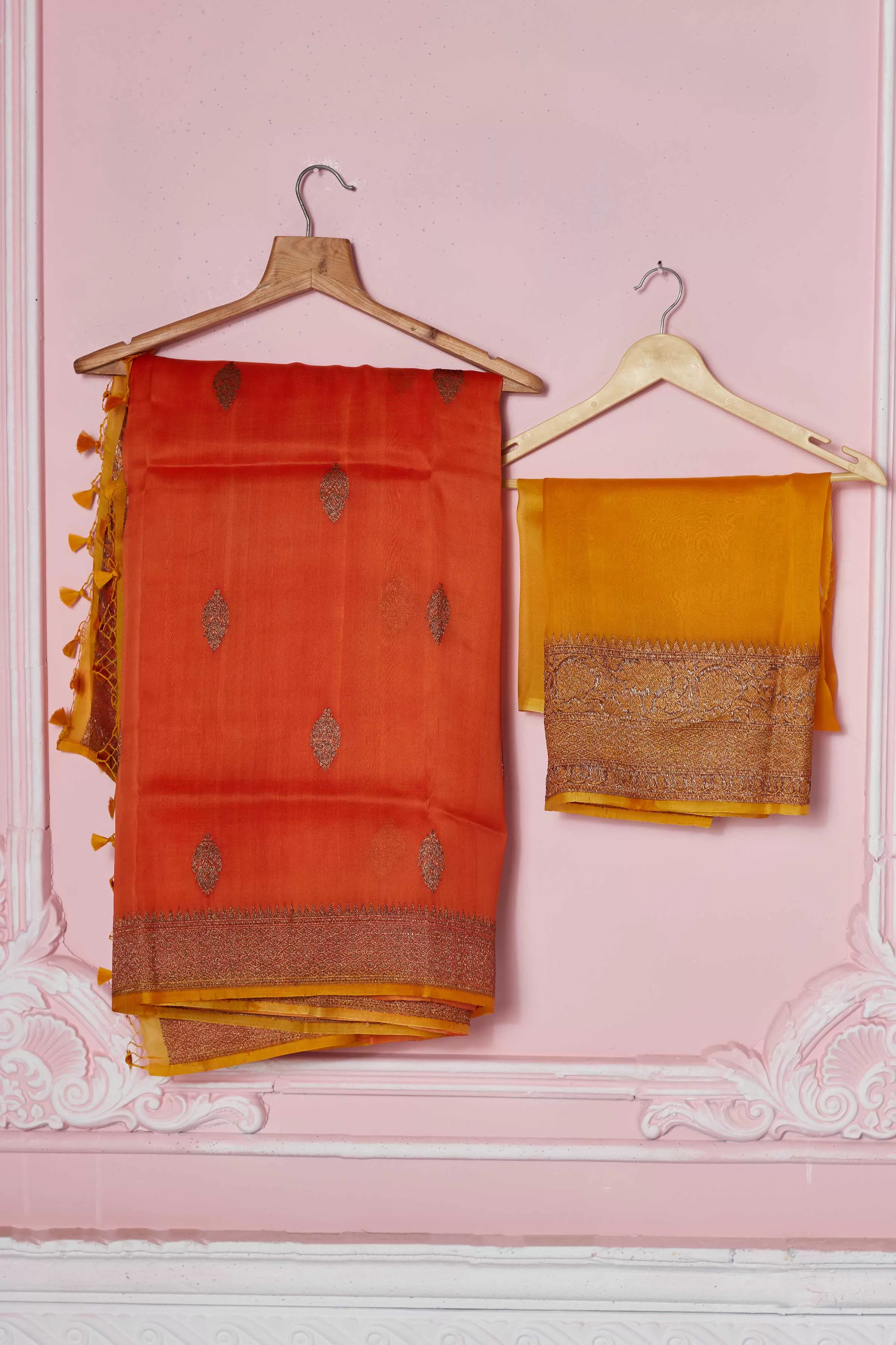 92A234 Orange Banarasi Saree With Red Zari Border