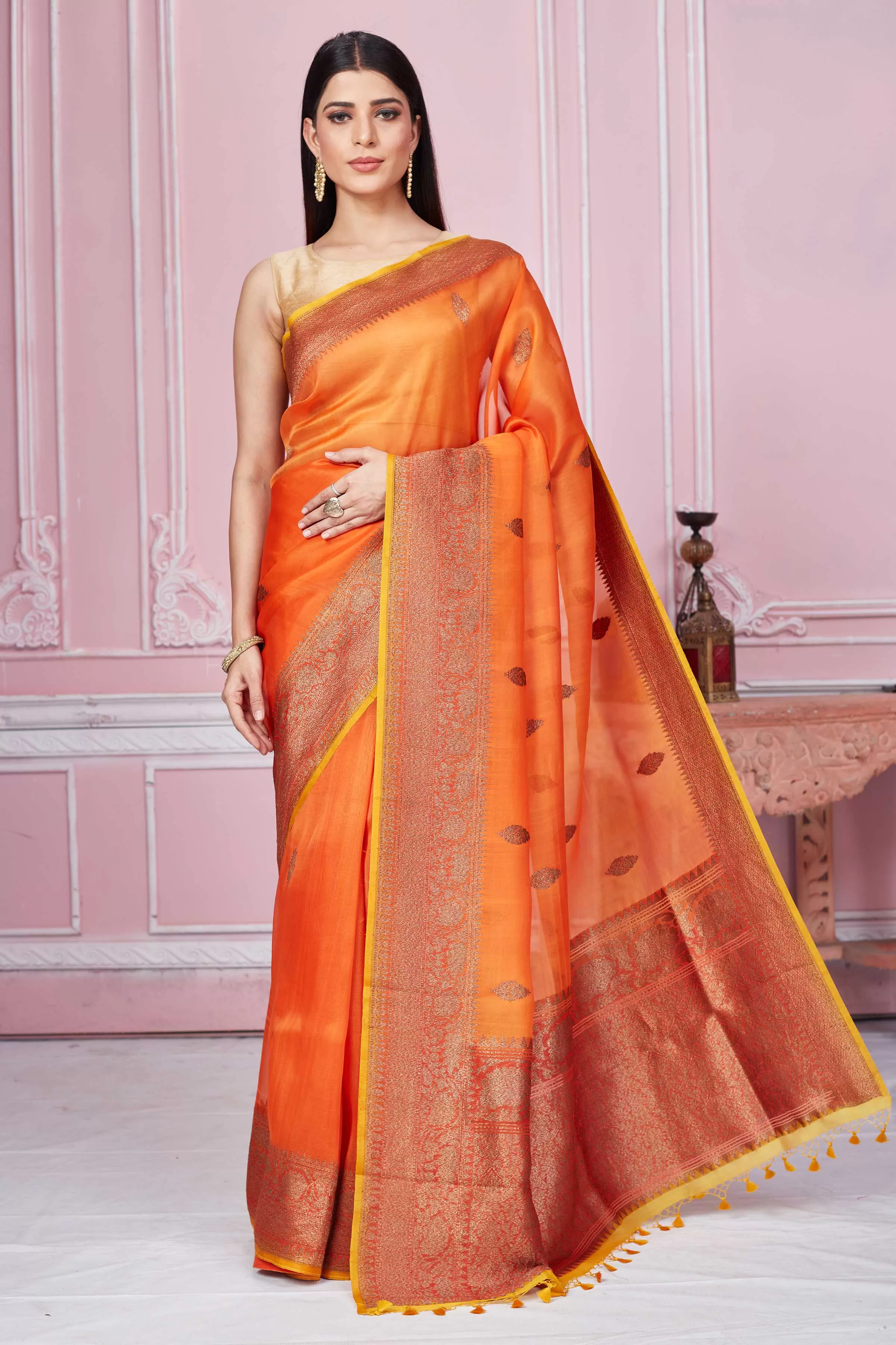 92A234 Orange Banarasi Saree With Red Zari Border