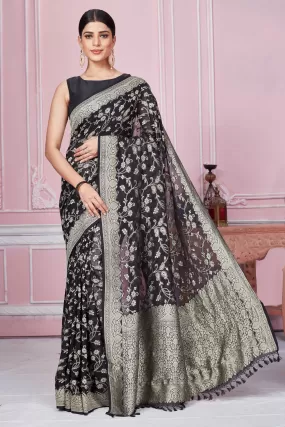 92A249 Black Banarasi Saree With Floral Zari Jaal