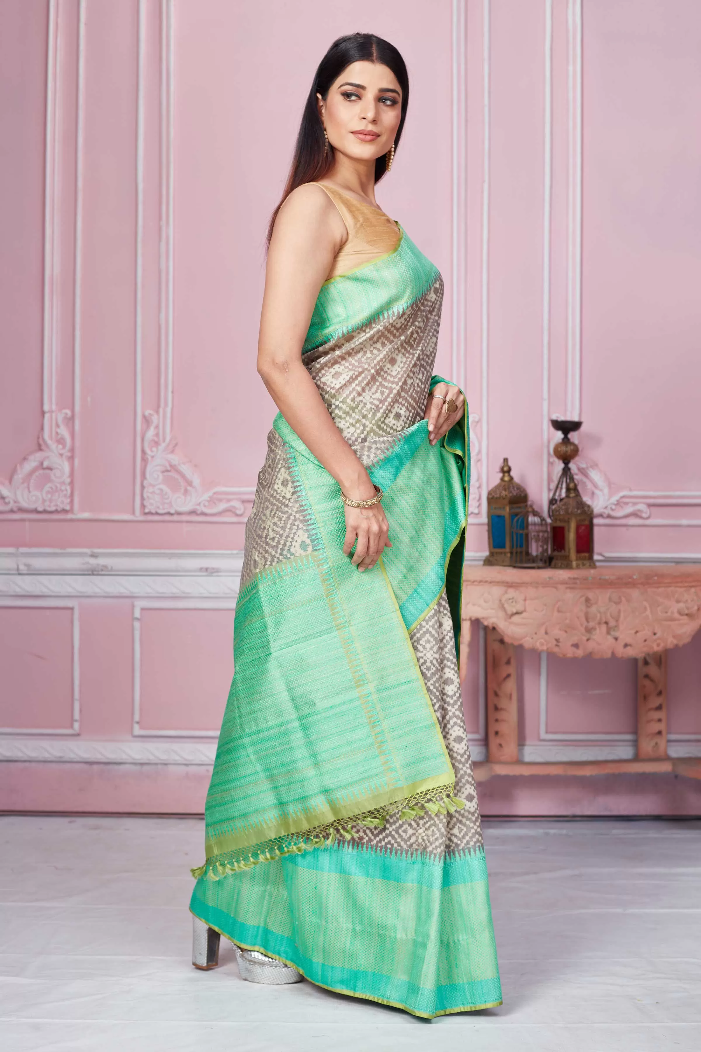 92A278 Grey Kora Banarasi Saree With Green Border And Pallu