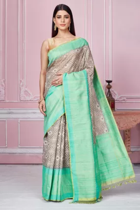 92A278 Grey Kora Banarasi Saree With Green Border And Pallu