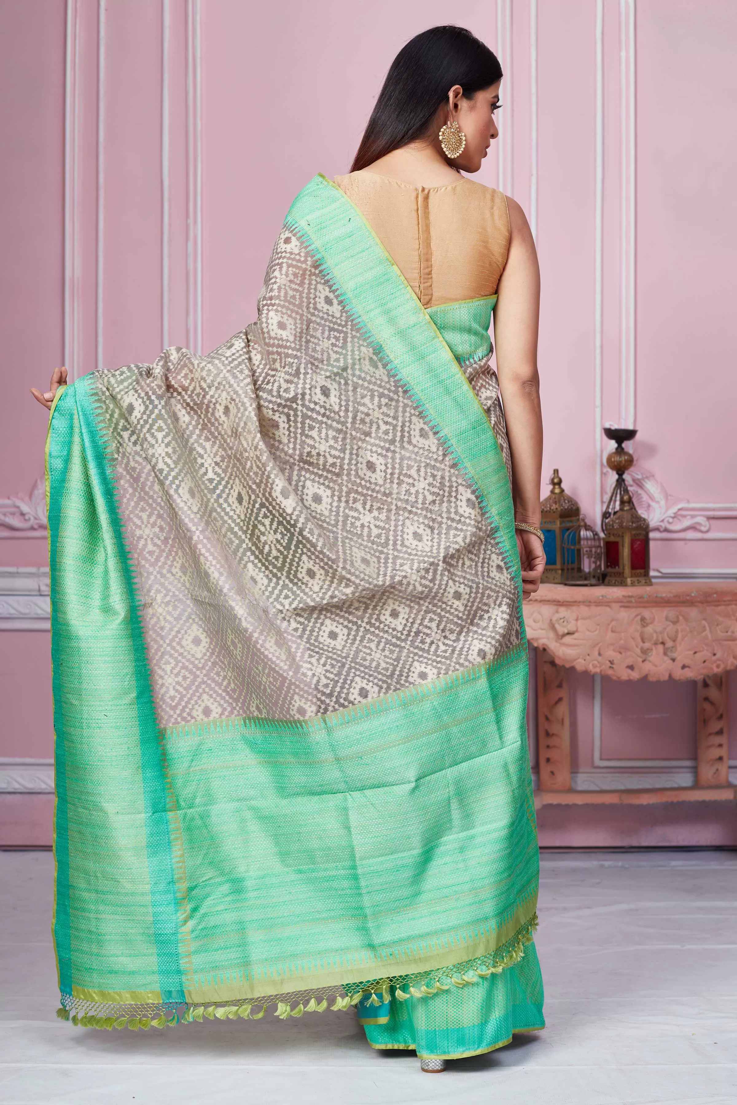 92A278 Grey Kora Banarasi Saree With Green Border And Pallu