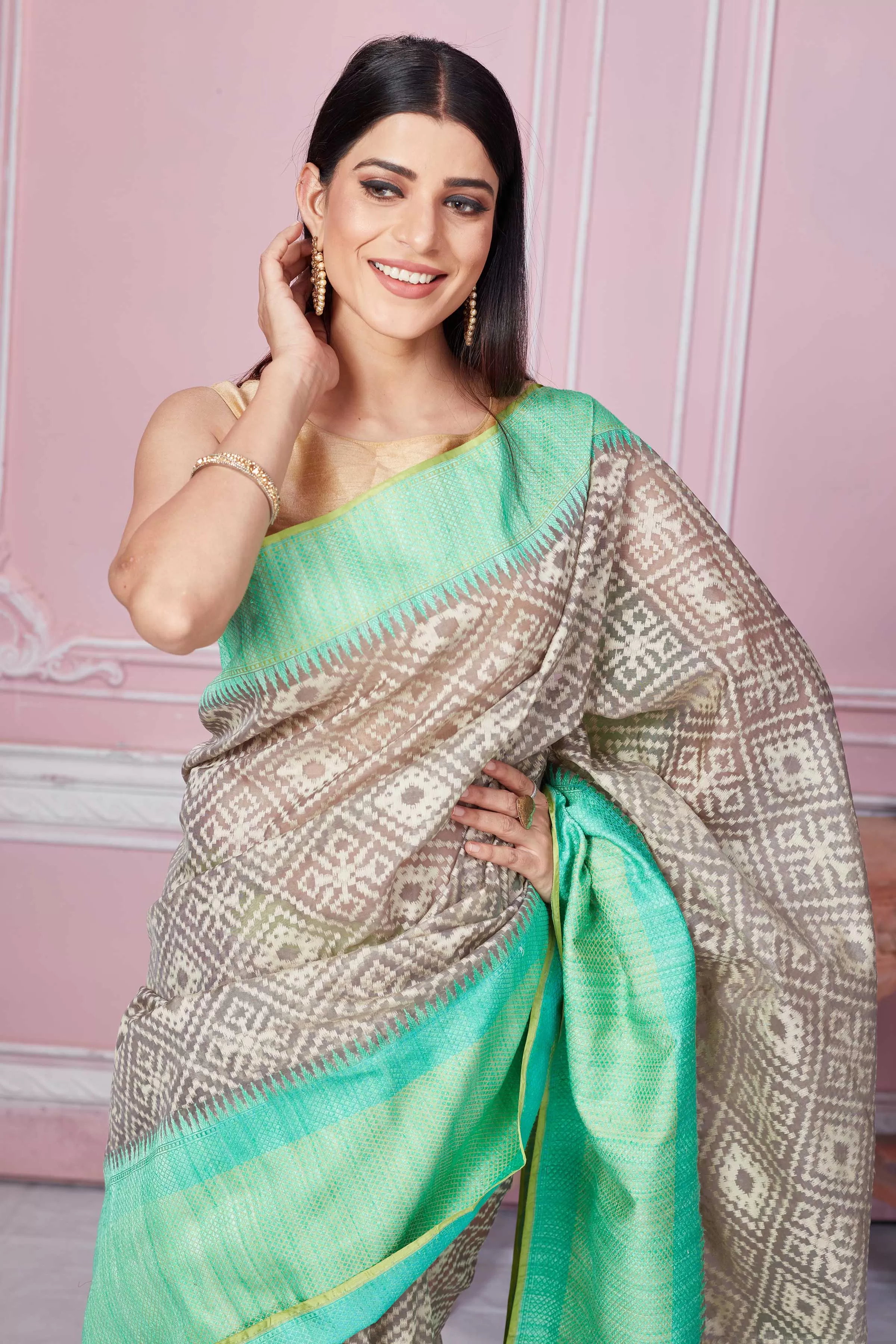 92A278 Grey Kora Banarasi Saree With Green Border And Pallu