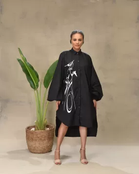 Aimas Khosi Shirt Dress with dramatic sleeves and woman image