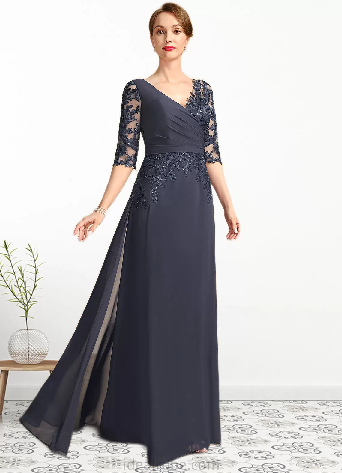 Anne A-line V-Neck Floor-Length Chiffon Lace Mother of the Bride Dress With Pleated Sequins STKP0021880