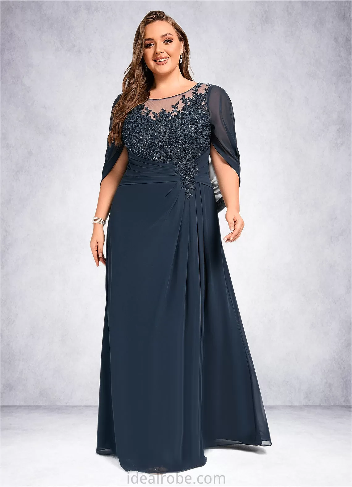 Aubrie A-line Scoop Illusion Floor-Length Chiffon Lace Mother of the Bride Dress With Pleated Sequins STKP0021625