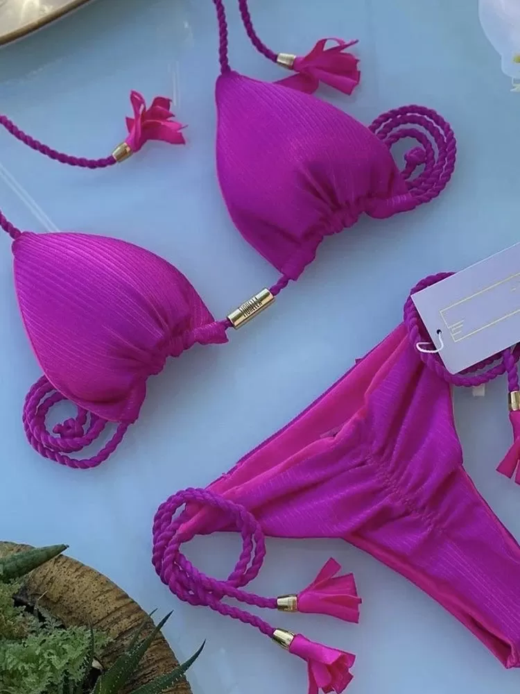 Aurora Neckholder-Bikini mit Quasten und seitlichem Bindeband