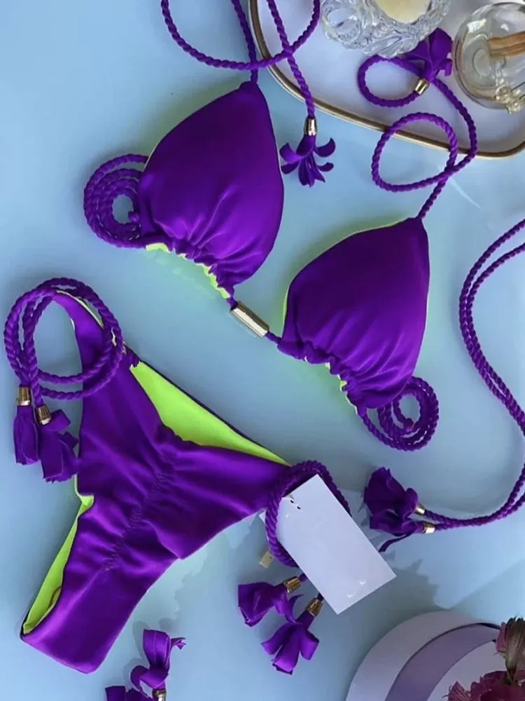 Aurora Neckholder-Bikini mit Quasten und seitlichem Bindeband