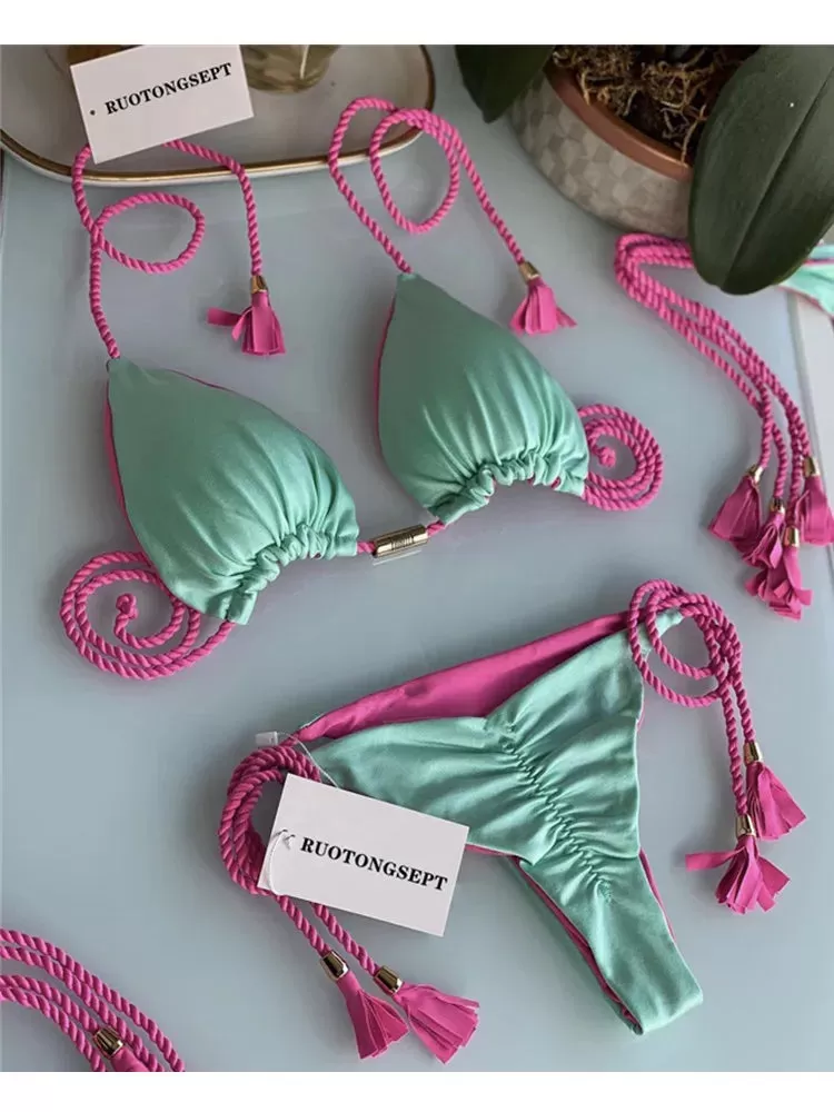 Aurora Neckholder-Bikini mit Quasten und seitlichem Bindeband