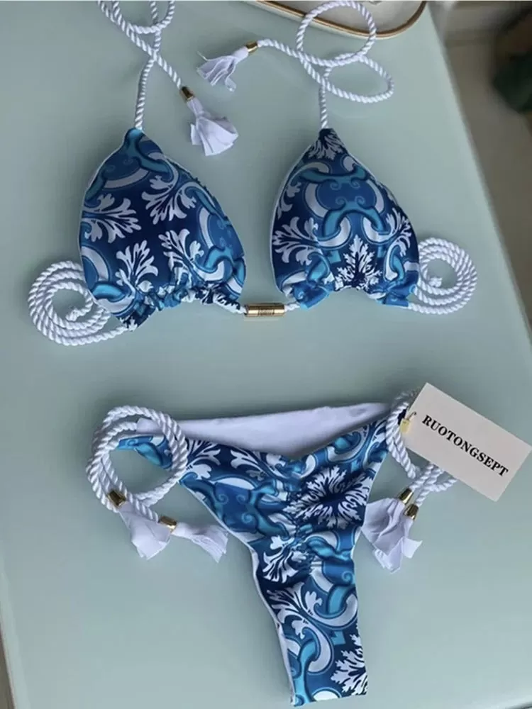 Aurora Neckholder-Bikini mit Quasten und seitlichem Bindeband