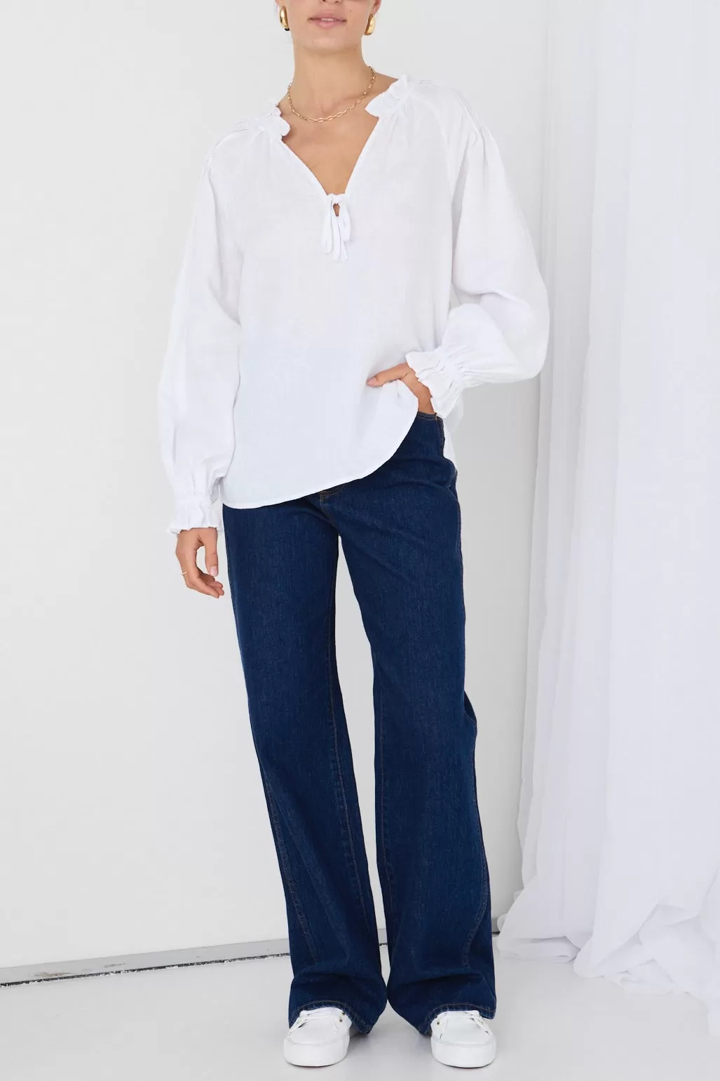 Birch White Linen Pintuck Shoulder Tie Neck Top