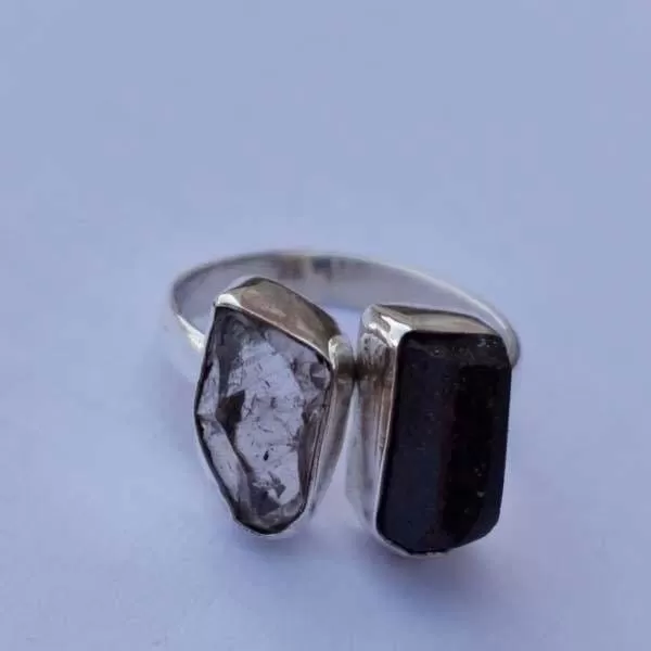 Black tourmaline raw herkimer diamond 925 sterling silver ring, handcrafted jewelry, wedding anniversary gift, for women