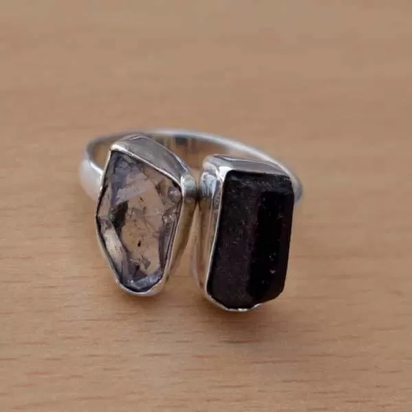 Black tourmaline raw herkimer diamond 925 sterling silver ring, handcrafted jewelry, wedding anniversary gift, for women