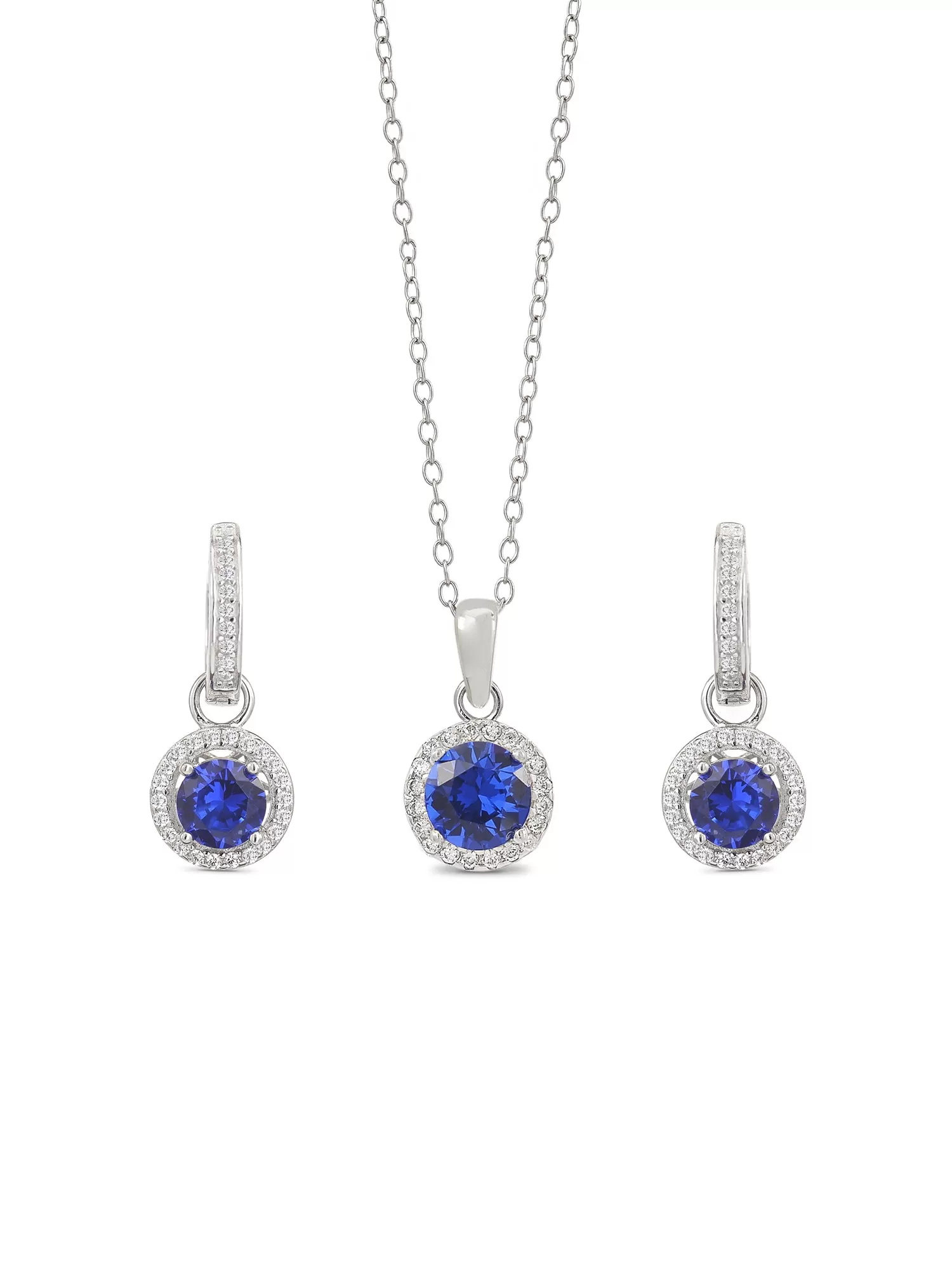 Blue Sapphire Halo Necklace Set With Earrings For Women