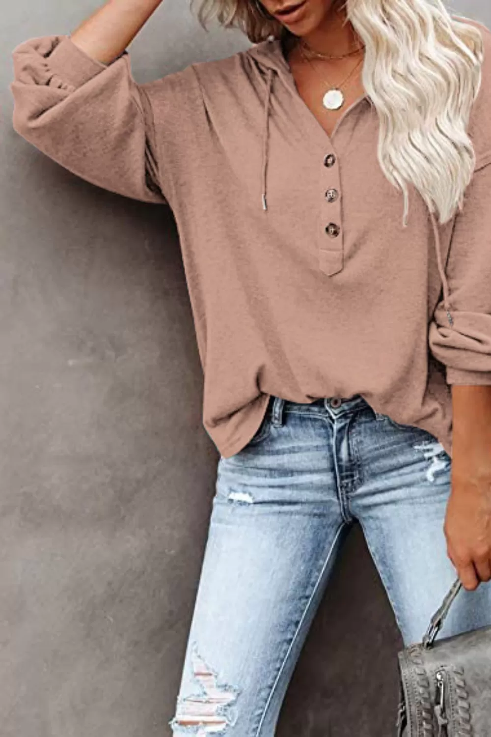 Buttoned Drop Shoulder Hoodie