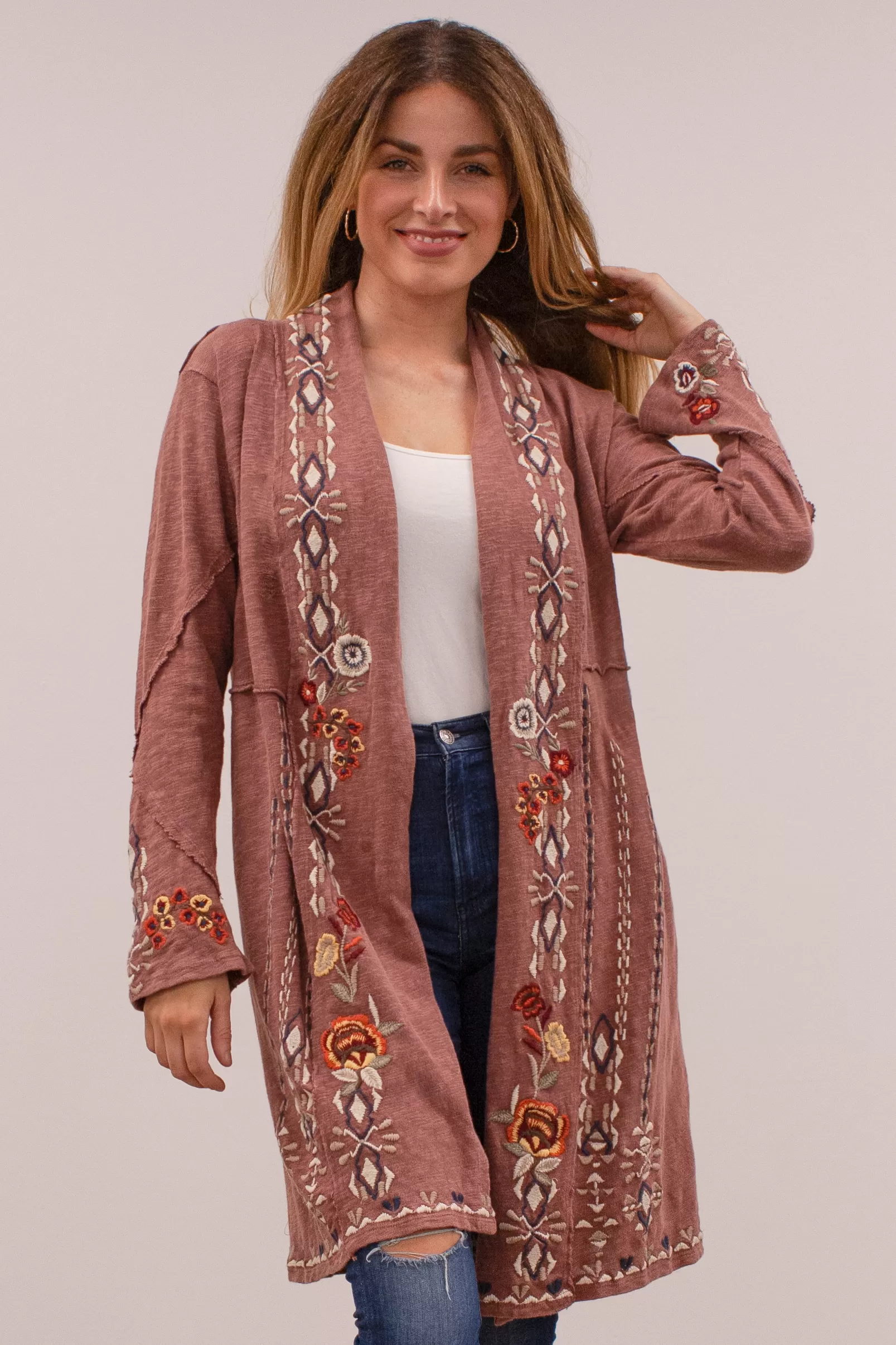 Caite Isla jacket/coat, open-front embroidered