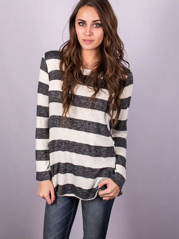 Casual Long Sleeve Back Button Striped T-shirt