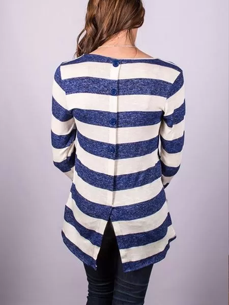 Casual Long Sleeve Back Button Striped T-shirt