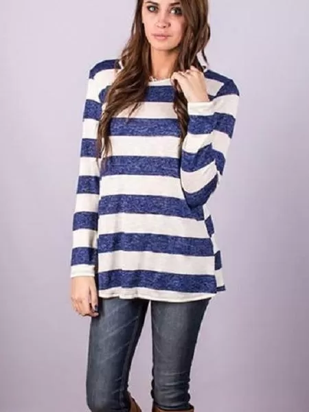 Casual Long Sleeve Back Button Striped T-shirt