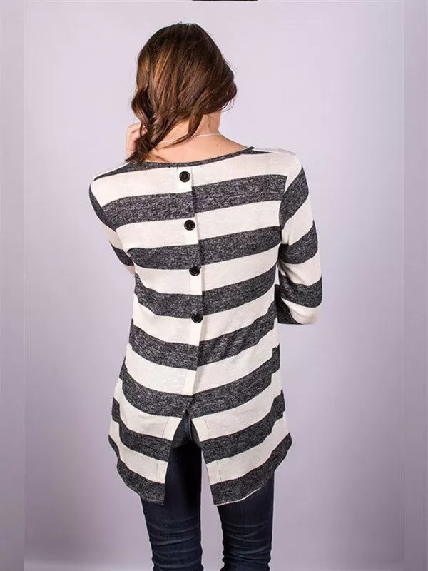 Casual Long Sleeve Back Button Striped T-shirt